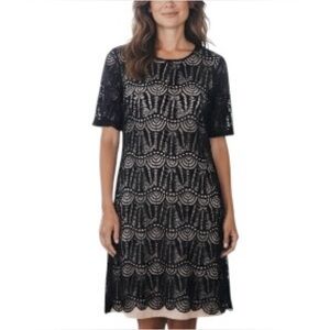 Sharagano Black and Tan Short Sleeved Lace Midi Dress 12